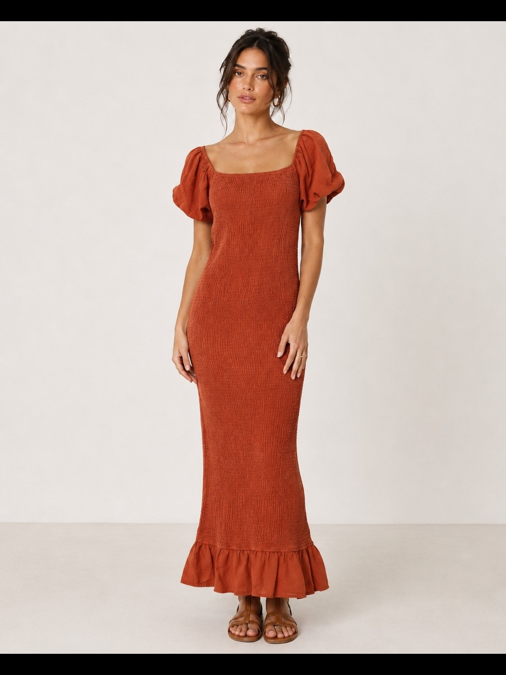 Simplee Women's Rust Smocked Maxi Dress with Puff Sleeves Size XL